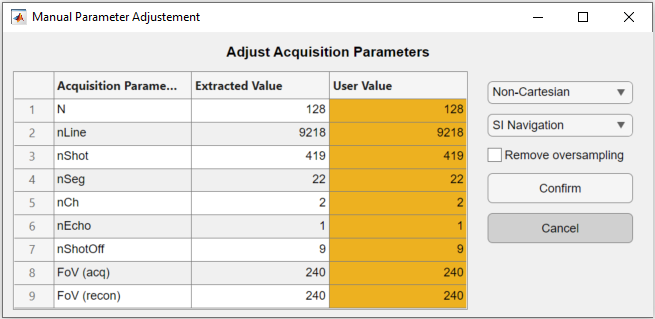 Modify and confirm the acquisition parameters.